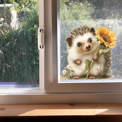 Cartoon Cute Hedgehog with Sunflower Wall Sticker for Bathroom Removable Waterproof Decal