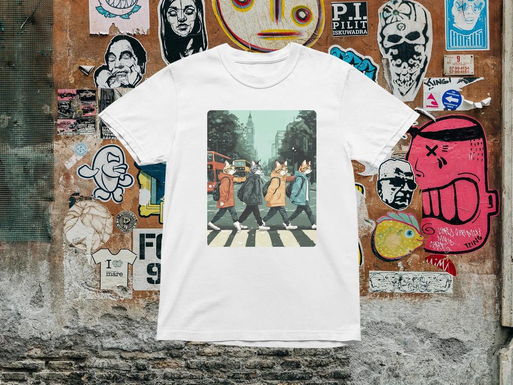 Abbey Road Cat Band Tee Funny Music Parody Tee Graphic T Shirts Retro Streetwear High-quality Crew-neck Short-sleeved Men's T