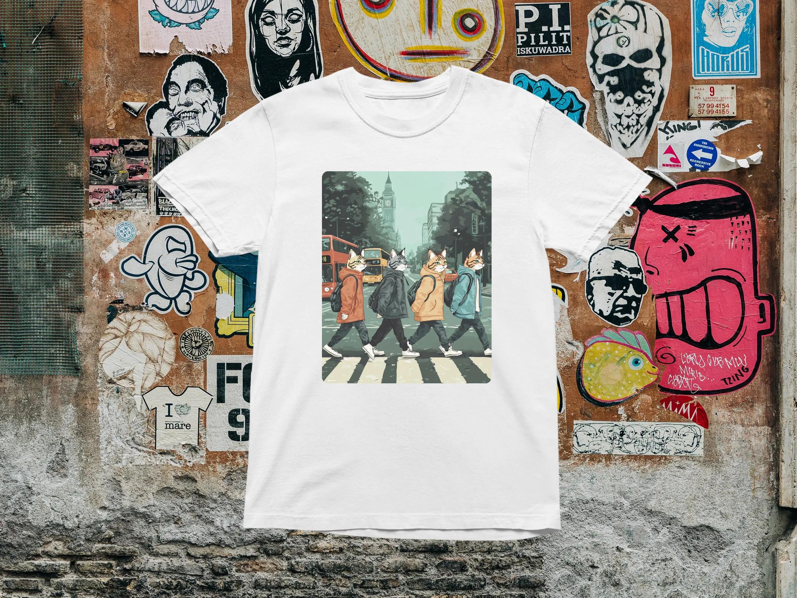 

Abbey Road Cat Band Tee Funny Music Parody Tee Graphic T Shirts Retro Streetwear High-quality Crew-neck Short-sleeved Men s T S