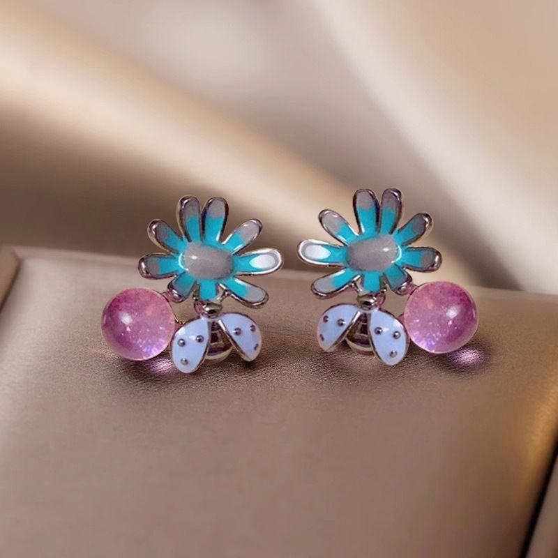 

Ktlt/French style Fashion Retro Bee Petals Purple Beads Ear Studs Earrings Niche Women 2025 New Earrings Fashion Alloy