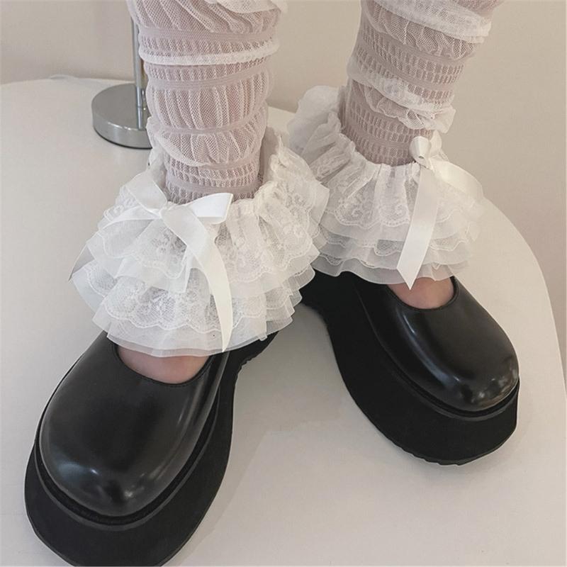 Vintage durchsichtiger Netz-Beinwärmer-Ärmel für Damen Elegante gestufte Rüsche Spitze Schleife Ausgestellte lockere Beinabdeckung Lange Socke