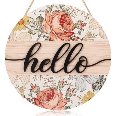 Vintage Hallo Schild für Haustür, Boho Hallo Türschild mit Blumen, Bunte Blumen Willkommen Holz Hängeschild Dekoration für Weihnachtsfeiertag