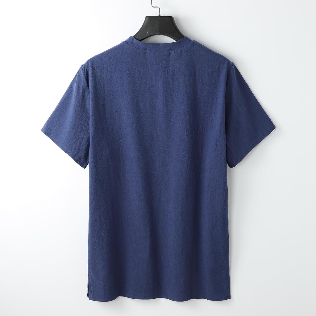 Large Size Men's Chinese Style Slit Stand-up Collar Short-sleeved Fat Cotton and Linen Summer T-shirt Loose Linen V-neck Short-sleeved