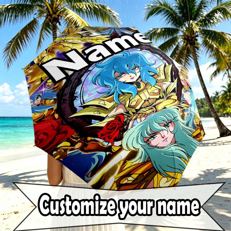 Custom Name Personalized Saint Seiya Print Umbrella, Auto Open Close, 8‑Rib Sturdy Frame, Commute Camping Hiking Use, Birthday Gift