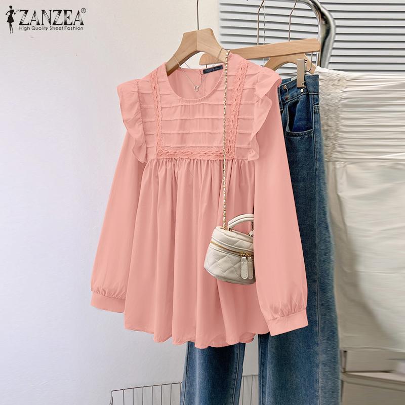 ZANZEA Women Vintage Round Neck Ruffled Long Sleeve Striped Blouses