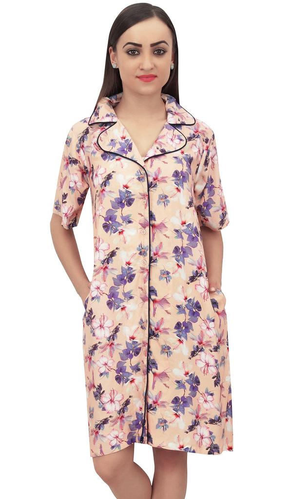 Bimba Women's Peach Sleepshirt Short Sleeve Floral Print Nightwear With Pockets -