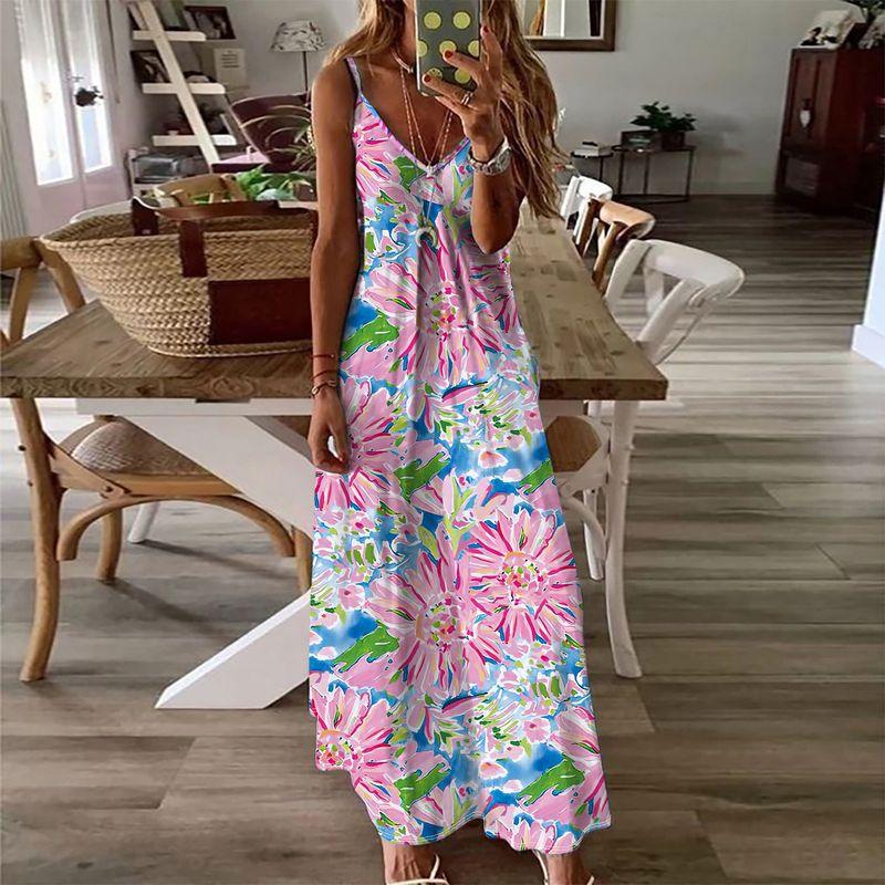 Europe and America Cross Border Export Summer Tide Sexy Women's Sling Vest Dress Print Sleeveless Long Dress Tall Slim Loose Slim Fit