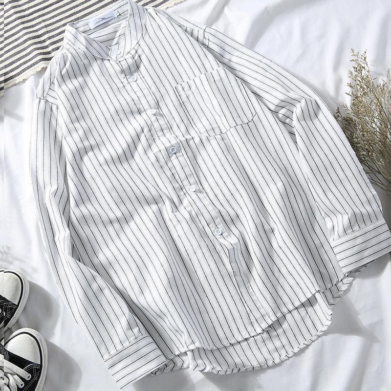 Men's Loose Long-sleeved Striped Casual Jacket Shirt.