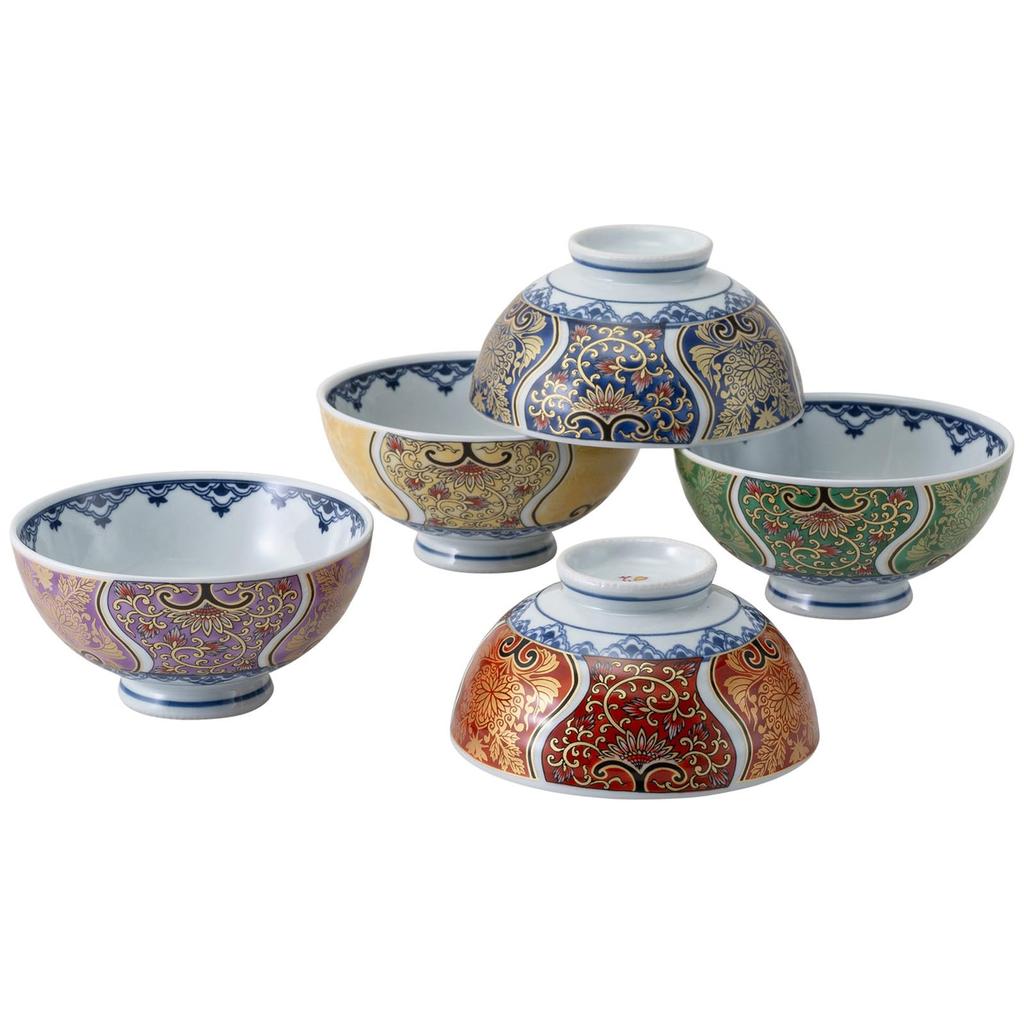 Nishikai Toki Hasami Ware Rice Bowl Includes Rice Matcha and Small Approximately Diameter x 6cm Approximately 250ml Made in "Konjo Ko-Imari" 5-Piece