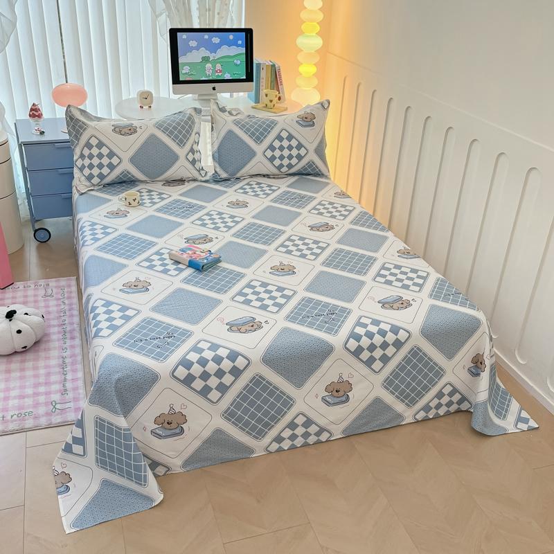 Modern Geometric Plaid Pattern Bed Sheet Set Cute Puppy Printed 100% Cotton Bed Sheets with 2 Pillowcases Home Bedding Set