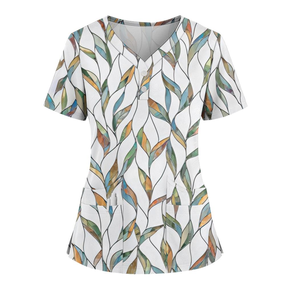 Women's Loose Short Sleeved Fashionable Flowers And Plants Printing V-neck Buttonable Side Slit Top T-shirt