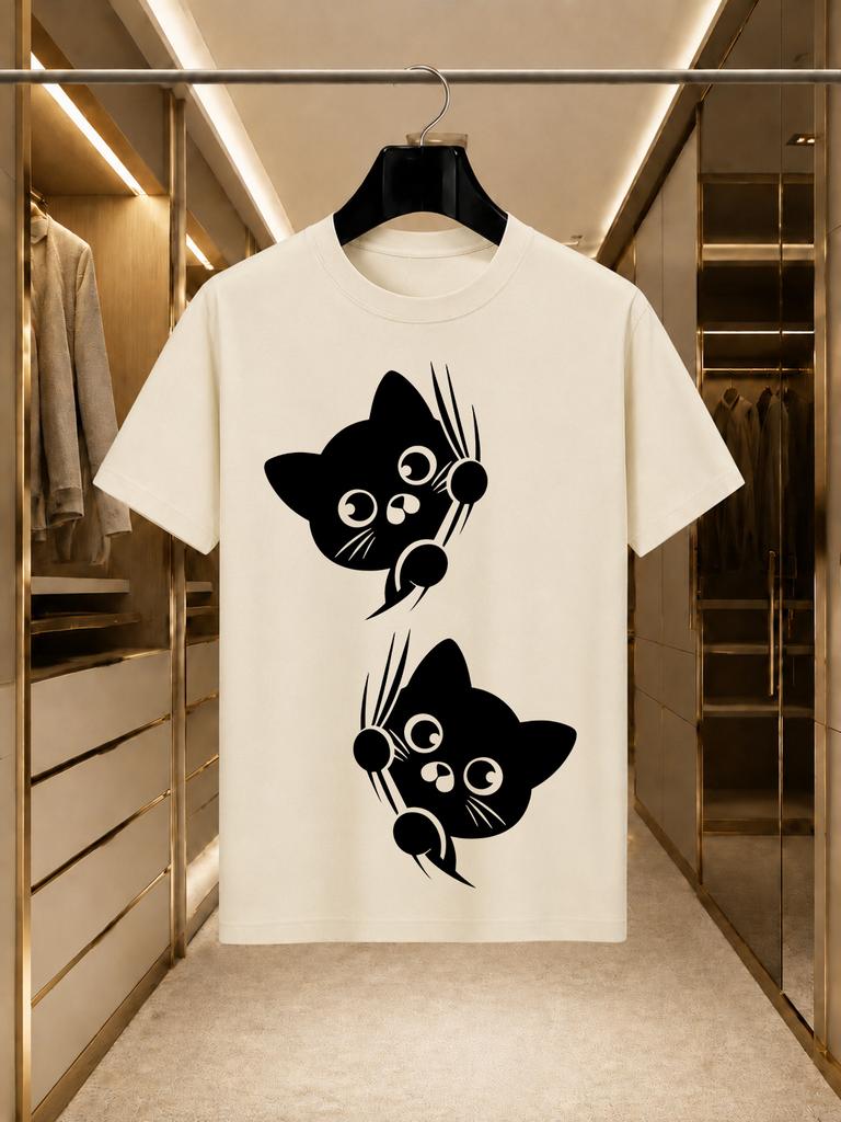 2026 New Arrival 100 Cotton Tshirt Cute Climbing Black Cat Cartoon Print Crew Neck Unisex Loose Fit Casual Short Sleeve