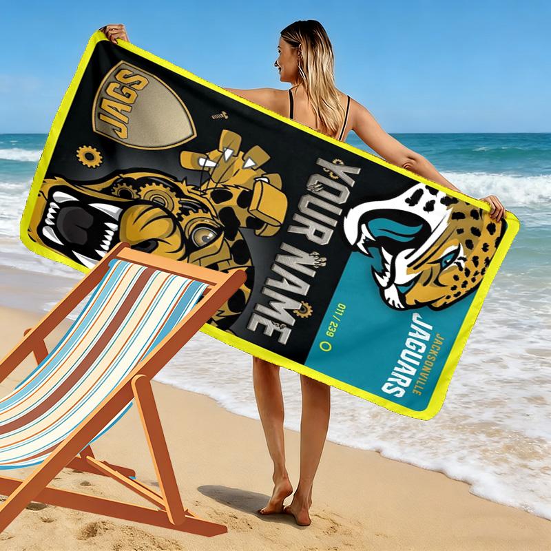 Name Custom Jacksonville Jaguars Logo Print Beach Towel, Large Soft Quick Dry Towel for Beach Camping Swimming