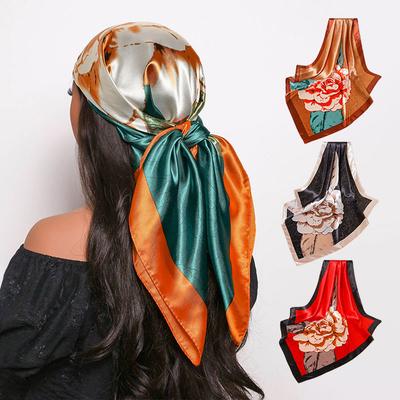 New 90-Color Satin Flower Printed Square Scarf Vintage Style Summer Sunscreen Baotou Decorative Scarf