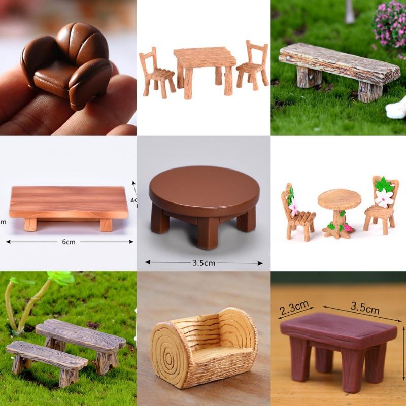 Mini Imitation Solid Wood Tables and Chairs Micro Landscaping Resin Square Wooden Tables Chairs Benches Miniature Ornaments