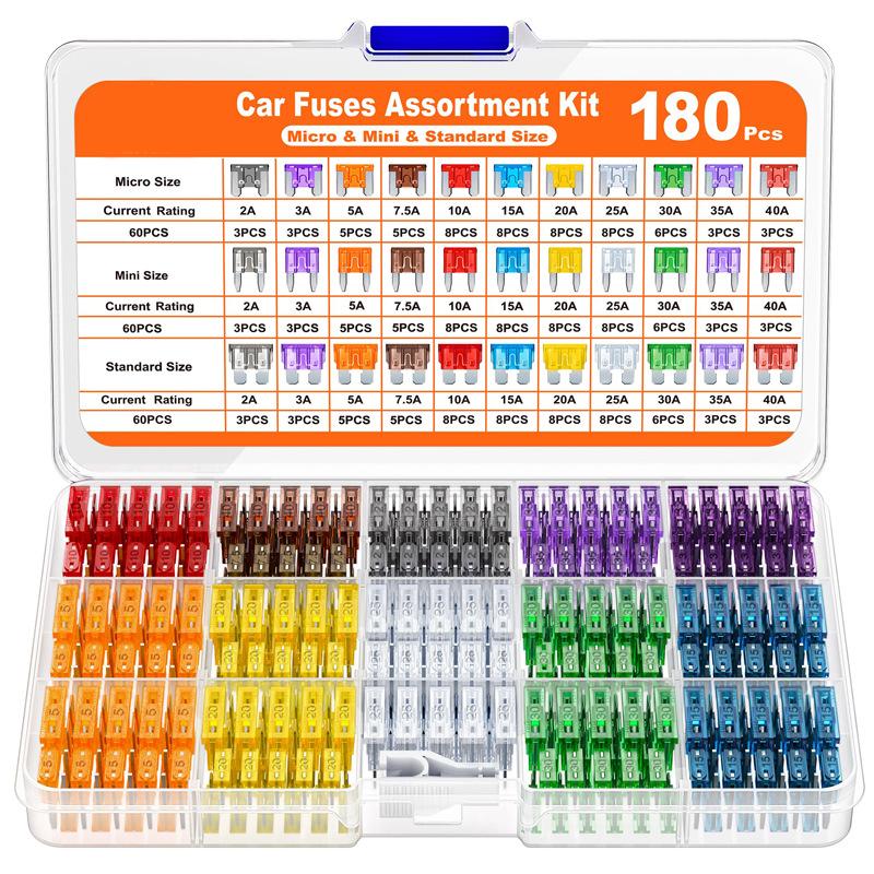 180Pcs Standard Car Fuses Assorted Kit, 60 Mini Blade Car Fuse +60 Standard Fuse Automotive +60 Micro Fuse