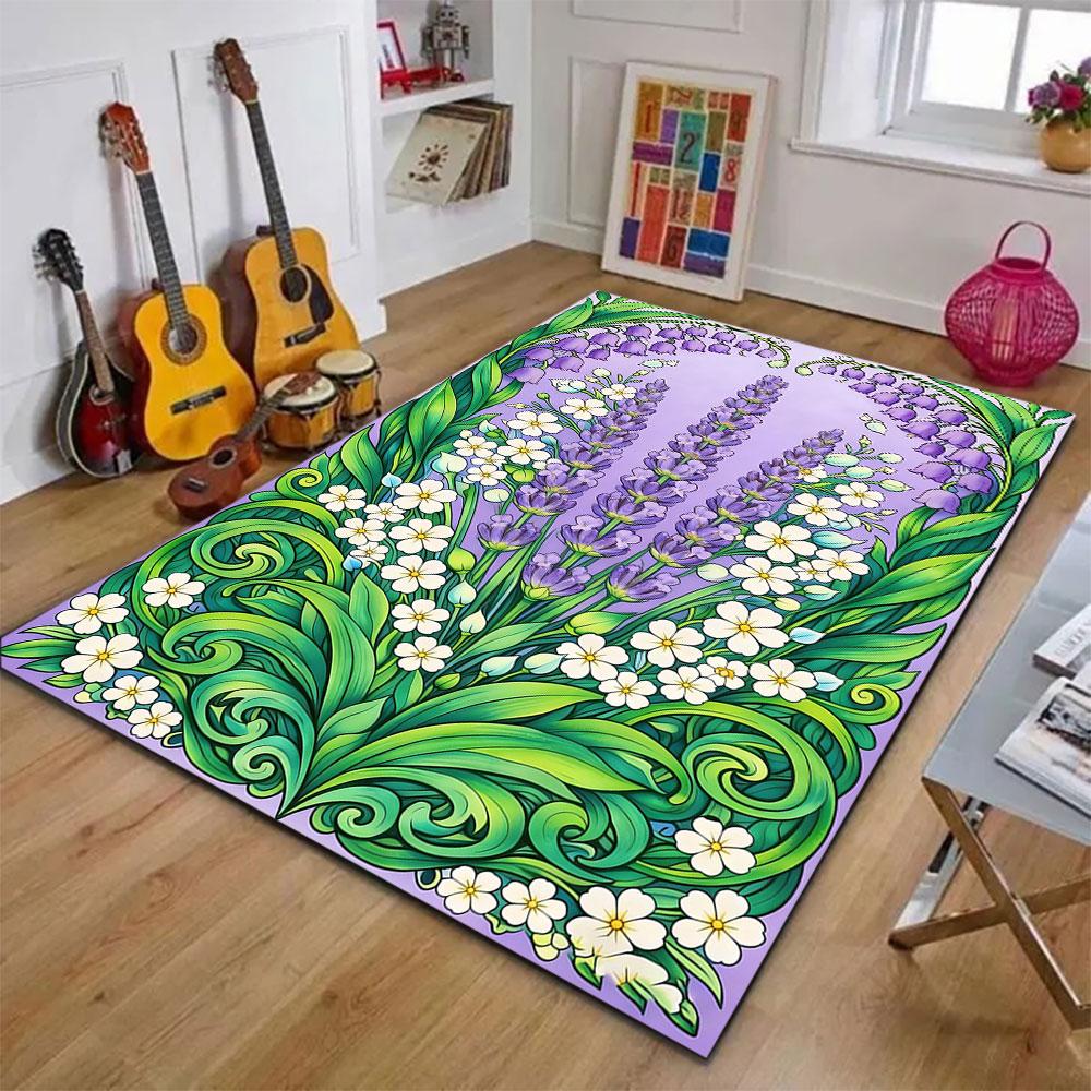 Purple Lavender and White Blossoms Pattern Patterned Carpet, Suitable As a Non Slip Play Mat for the Living Room and Bedroom Sofa
