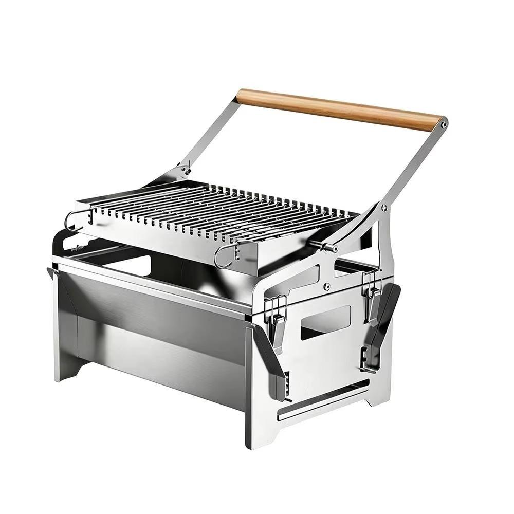 Klappbarer 360° drehbarer Stahlgrill Abnehmbares Grillrost Holzgriff Kleiner Grillrost Rostbeständig Belüftungslöcher