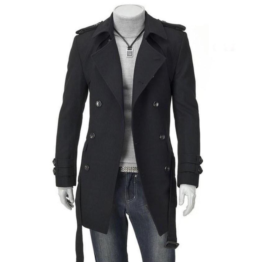 Autumn and Winter Men's Korean Coat, Fashion Trench Coat Epaulets Medium and Long Double-breasted Tweed Coat