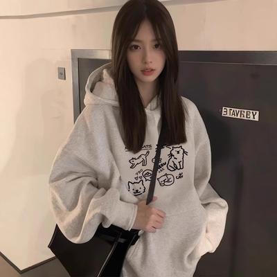 Damen Herbst Winter Lässig Mit Kapuze Langarm Große Tasche Strichmännchen Katze Aufdruck Pullover Hoodies Sweatshirt Oberteil