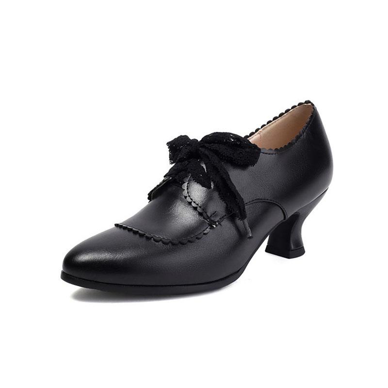 Spring Autumn PU Leather Shoes for Women Lace-up 5.5 Cm Middle Heels Shoes Woman Custom Retro Female Casual Shoes WSH5256