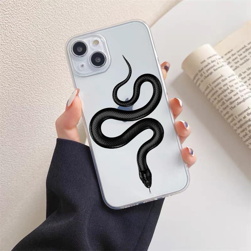 Luxurious Black White Flower Snake Clear Phone Case for IPhone X XR XS 14 13 12 11 Pro Max Mini 7 8Plus Unique Dragon Back Cover