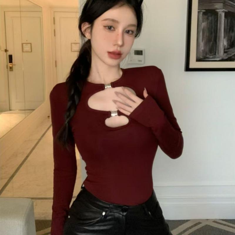 Spring Women's Hollow Round Neck Waist Tight Inner Long Sleeve T-shirt