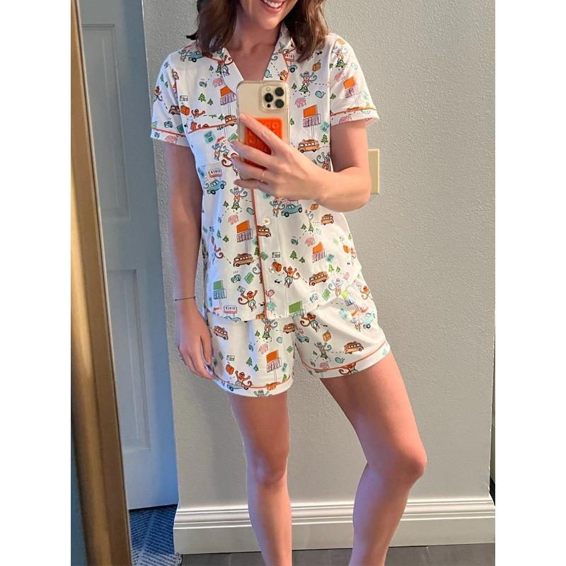 Women Pajama Set 2 Piece Set Monkey Cartoon Print Short Sleeve Button Closure T-Shirt + Shorts Home Sleepwear Matching Outfits