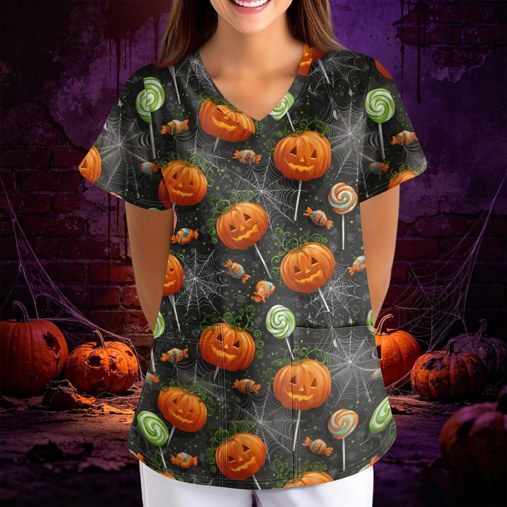 Women Halloween Print Loose Fit V Neck Short Sleeve Scrub Top with Pockets for Healthcare Professionals Comfortable Workwear