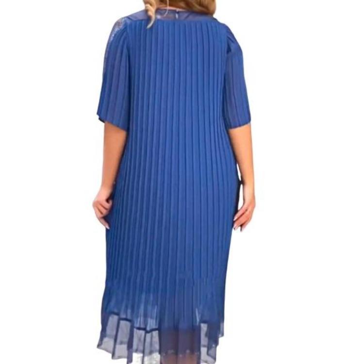 

Plus Size Women Dress Loose Mid Calf Length Half Sleeve O Neck Solid Color Striped Soft Double Layer Mesh Patchwork Ruffle Hem 2XL небесно-голубой