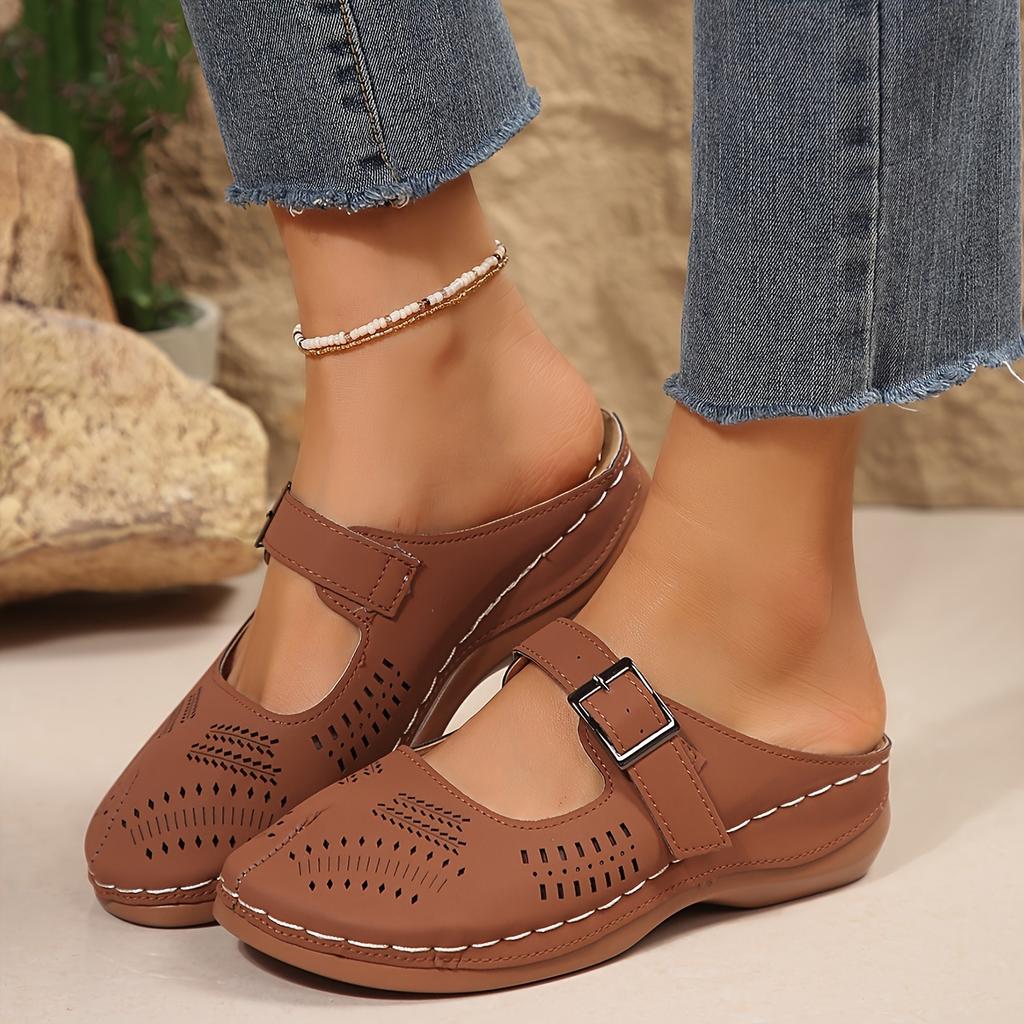 Womens Faux Leather Solid  Round Toe Flat Heel Wedge Sandals Comfortable Slip-on Buckle Strap Design, Soft Faux Leather Insole