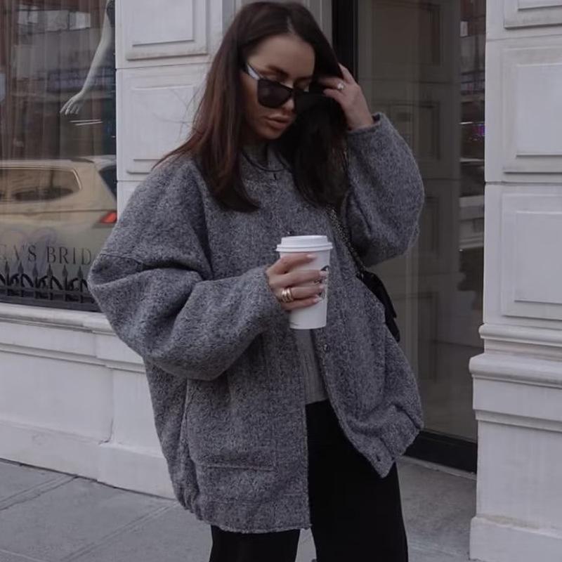 2023 Módní minimalistický vlněný kabát s dlouhým rukávem a kapsami pro podzim a zimu