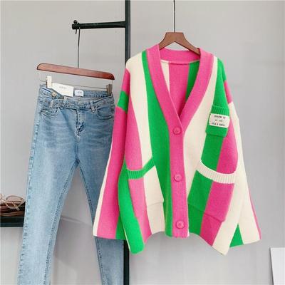 Tricô Feminino de Botão Único com Decote em V Cardigans Soltos Aconchegantes Suéteres Femininos Suéter de Outono Cardigan Colorido Listrado