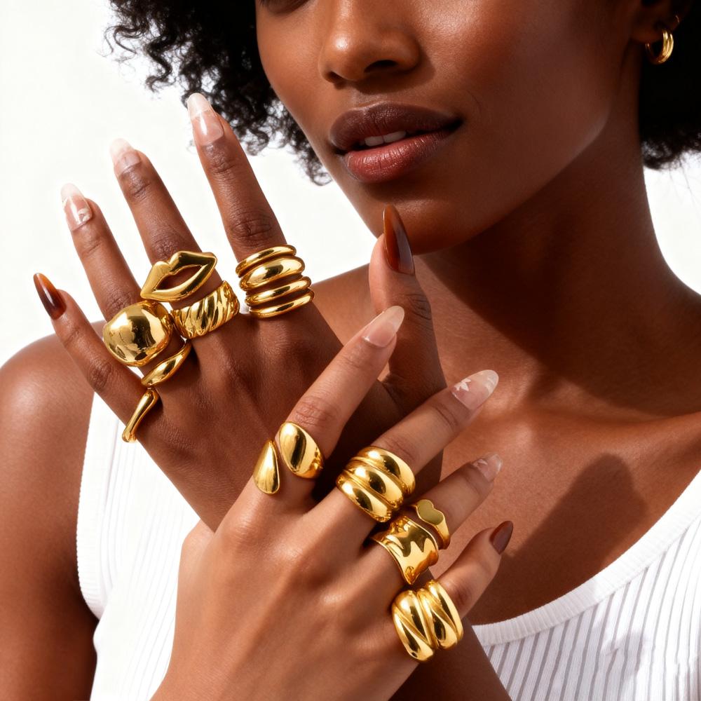 Waterproof Stainless Steel Chunky Dome Rings for Women, Geometric Ring Gold Plated Aesthetic Fashion Jewelry