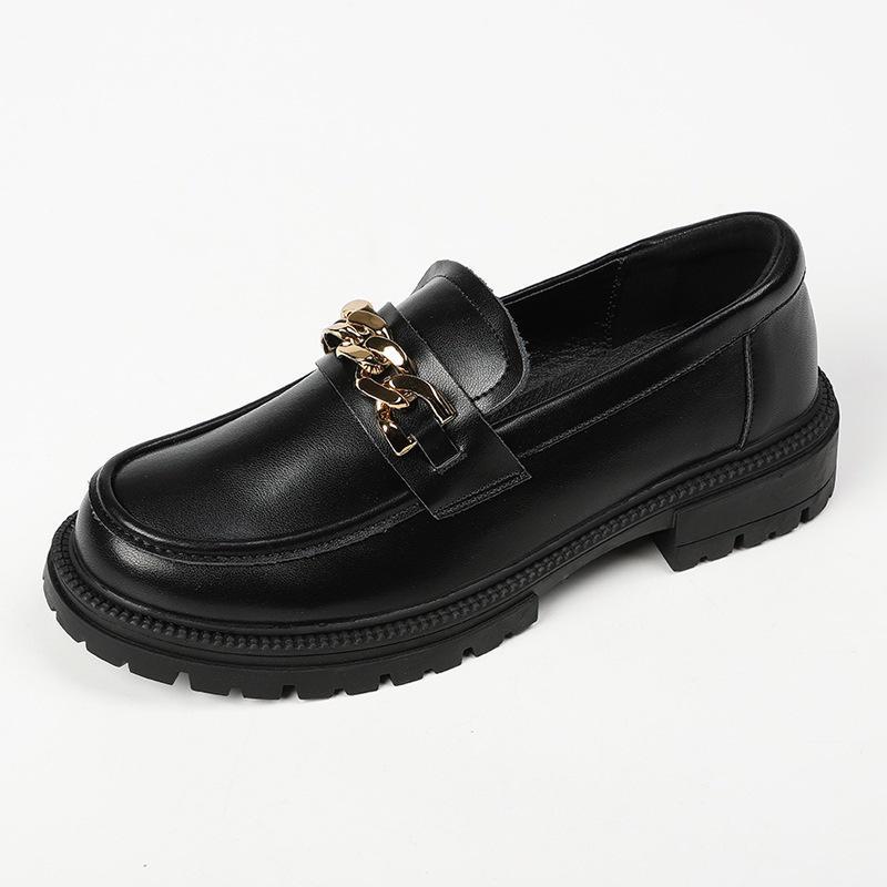 

Женские зимние мокасины с золотой цепочкой 2024 года: Туфли в британском стиле на толстом каблуке с круглым носком, без застежки, из бархатистой кожи matt single lining; Size 38