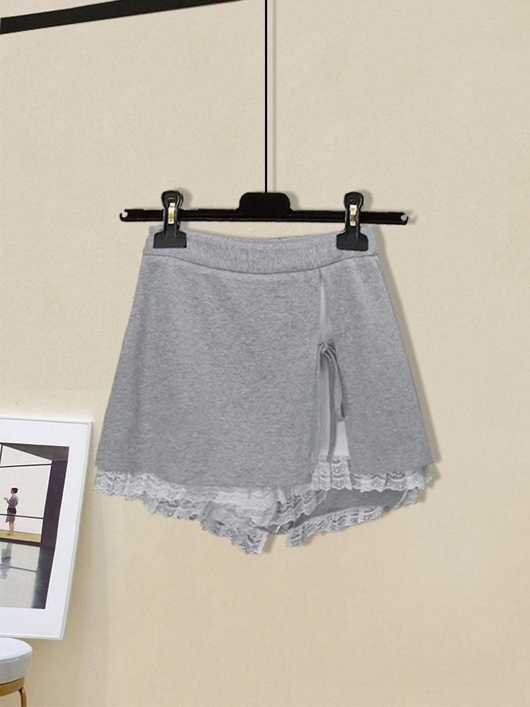 Lingerie Style Lace Hooded Sweatshirt And Midi Skirt Set For Casual Wear