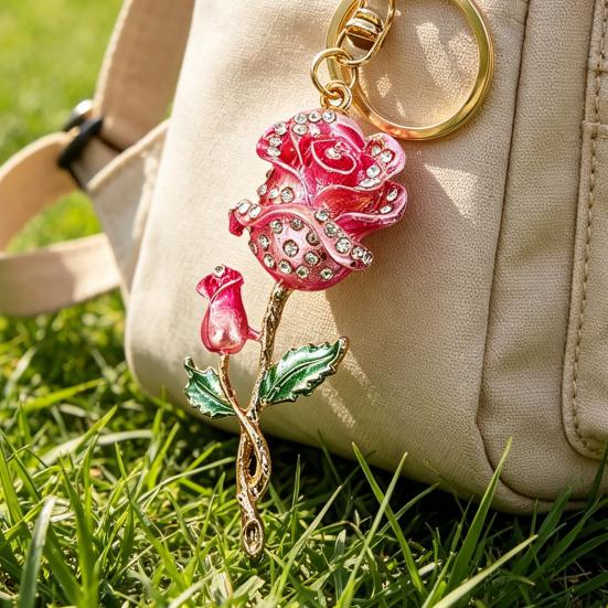 Keychain Pendant Rose Flower Shape Key Holder with Multicolor Rhinestones Anti-Oxidation Lobster Clasp Keyring Backpacks Car Accessory