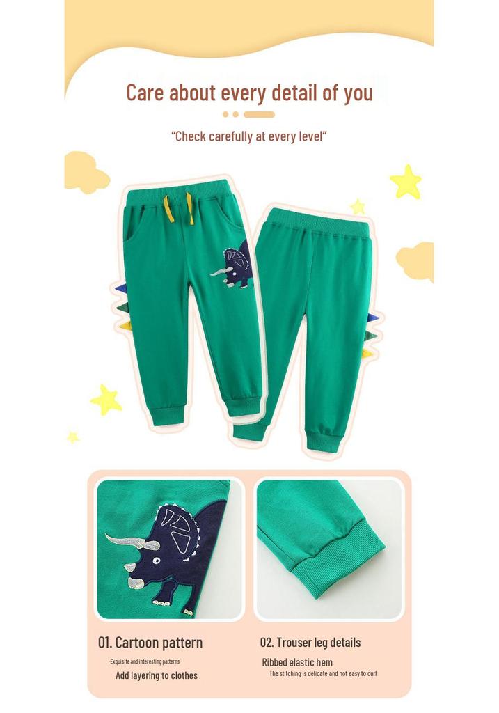 Autumn Boys' European Style Dinosaur Embroidered Sweatpants - Knit Cotton Sports Trousers
