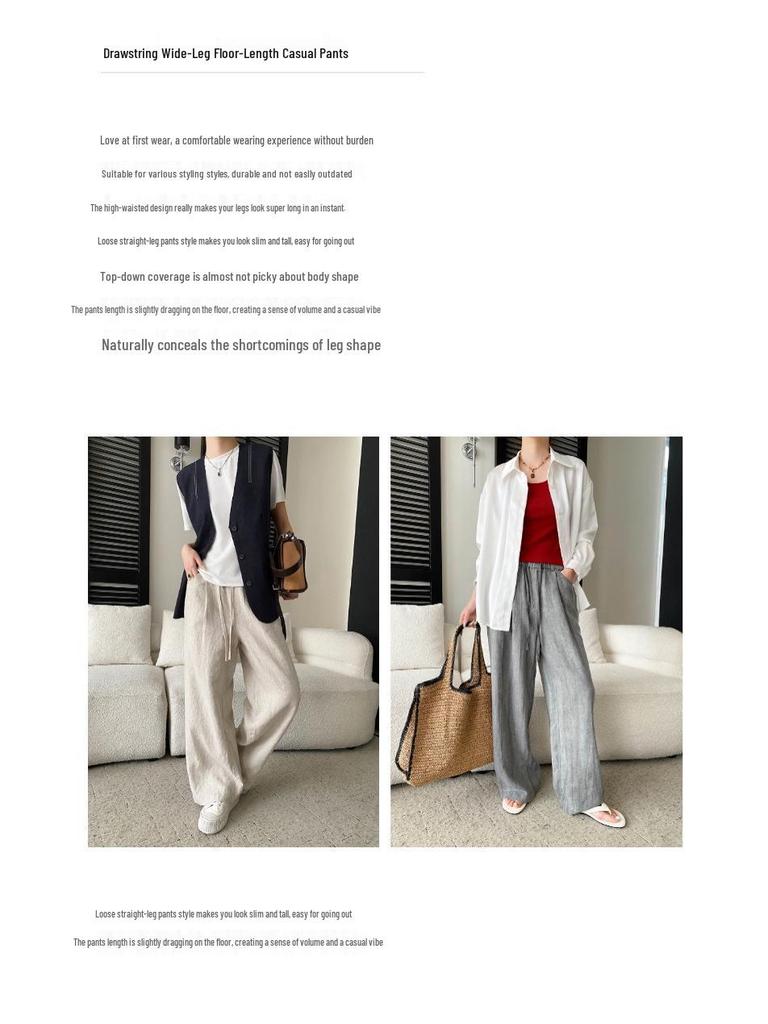 Sinan Tencel Linen Drawstring Wide-Leg Floor-Length Casual Pants SN8668