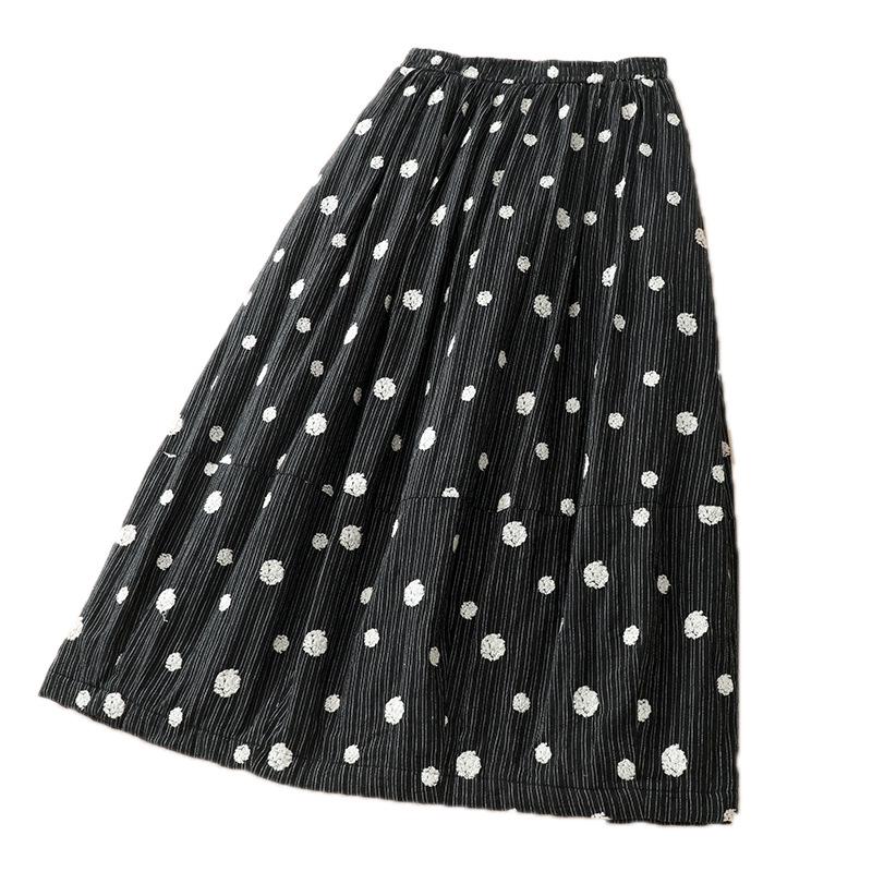 2026 Women's Quilted Polka Dot A-line Skirt - Black Cotton Linen, Thickened for Autumn/Winter
