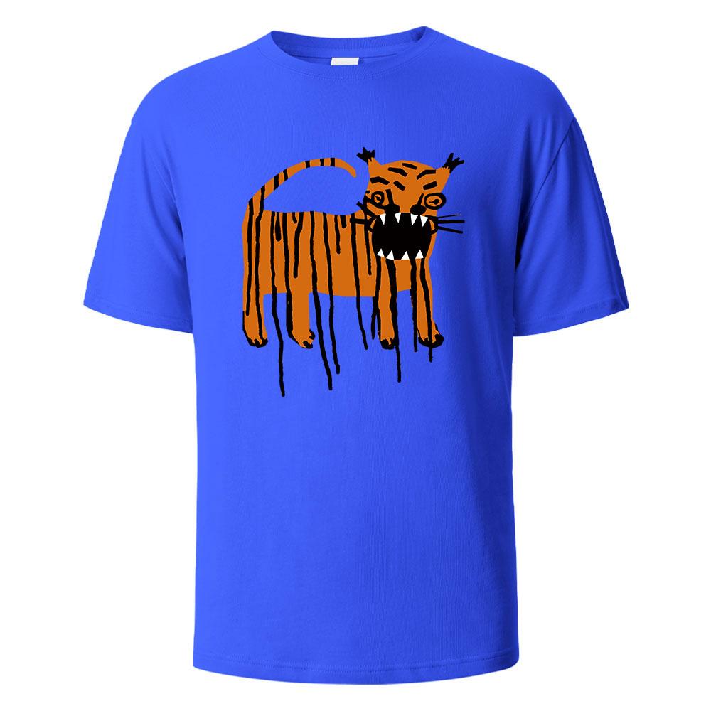 2025 New Summer Men's Horror Tiger Print Crew Neck T-shirt Pure Cotton Breathable Top Daily Casual Loose Large Size Short Sleeve