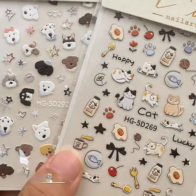 Relief Three-dimensional Nail Art Stickers Ins Love Cute Dog Cute Cat Pattern Nail Di Japanese Cartoon