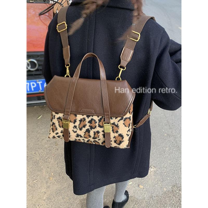 Winter Plush Leopard Print Splicing Fashion Women's Bag 2025 New Niche Shoulder Bag Portable Messenger Bag Backpack
