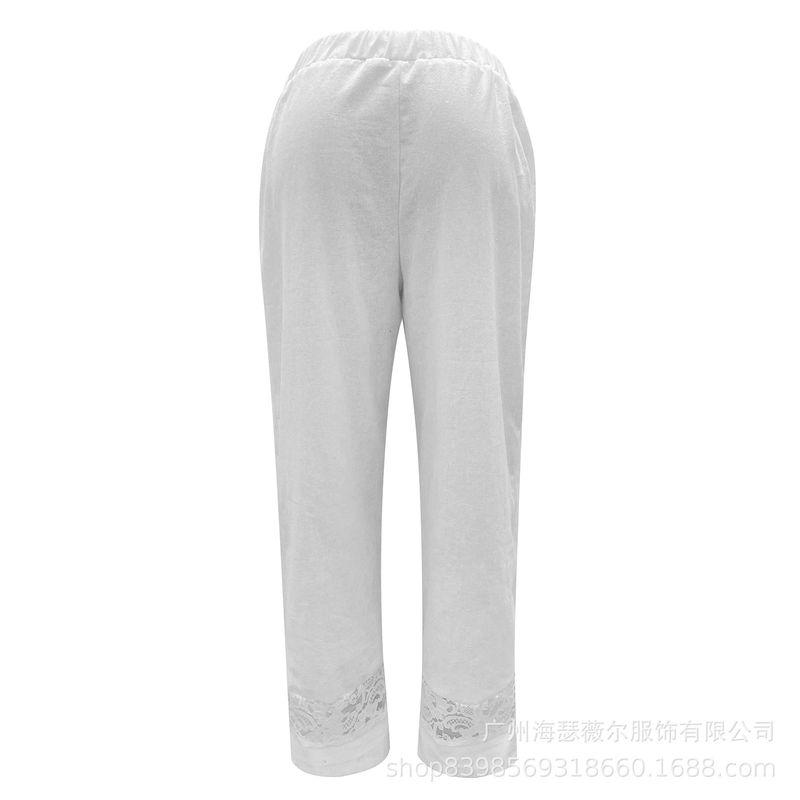 Women clothes European and American Spring and Summer Lace Stitching Button Elastic Waist Women Casual Pants White Hollow Pants Pants
