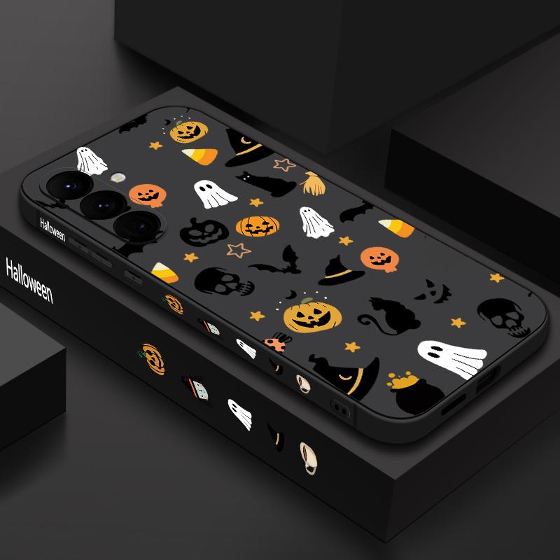 Ghost Pumpkin Pattern Phone Case For Samsung Galaxy A55 A54 5G A56 S25 A53 A52 A14 A34 A15 A35 S23 S24 Ultra S20 FE S21 S22 Soft TPU Lanyard Cover