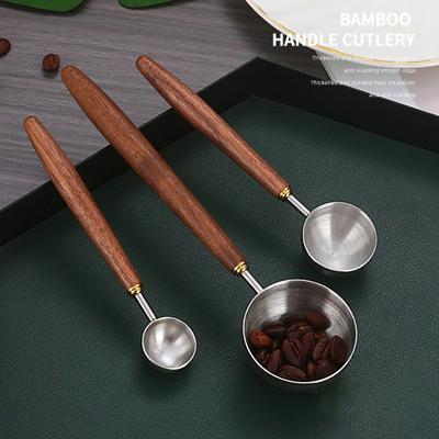 Wooden Handle Stainless Steel Coffee Scoop Tablespoon Measuring Spoon Walnut Wood Long Handle Coffee Spoons Cafe Decoration