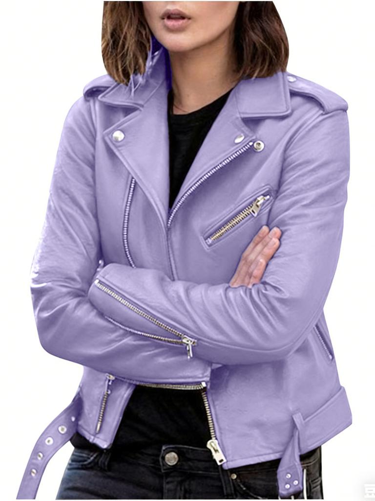 Womens Short Biker Jacket with Zipper and Button Detail Multiple Colors