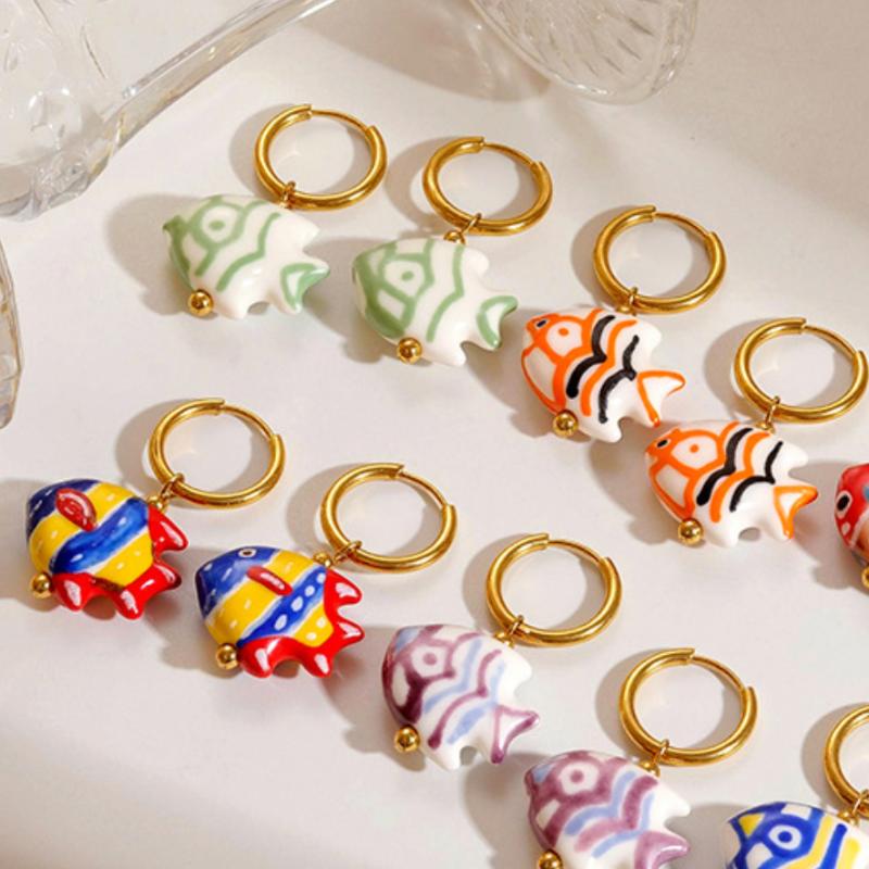 Ceramic Dopamine Fish Starfish Earrings For Women Colorful Vibrant Pendant Youthful Stainless Steel Jewelry Gift