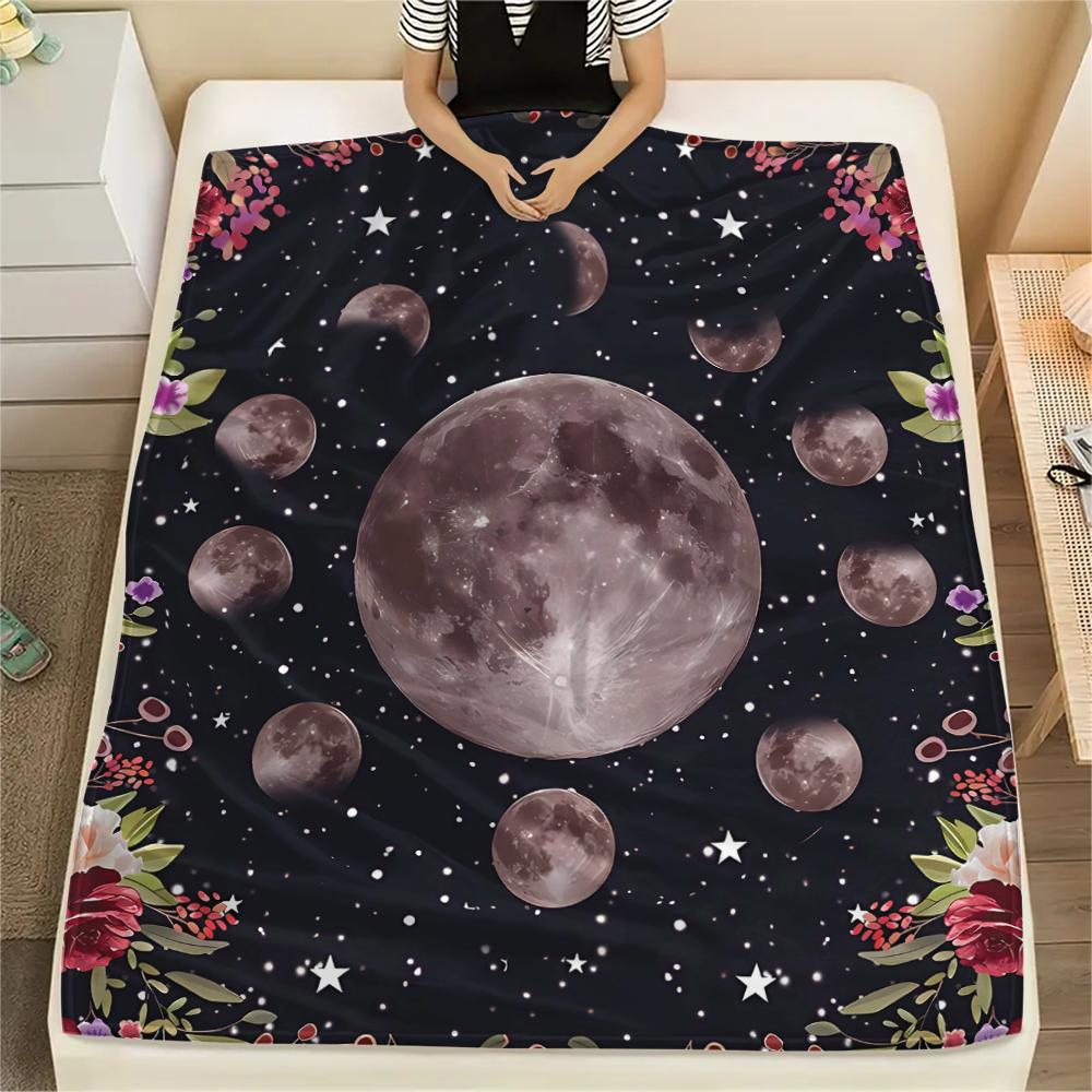 1Pc Floral Moon Print Flannel Blanket, High Quality Comfortable for All Seasons, Home Decor, Warmth and Comfort, Perfect for Gifts