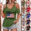 T-shirt décontracté à la mode pour femme, imprimé Jour de l'Indépendance, col à bretelles, épaules dénudées, manches courtes